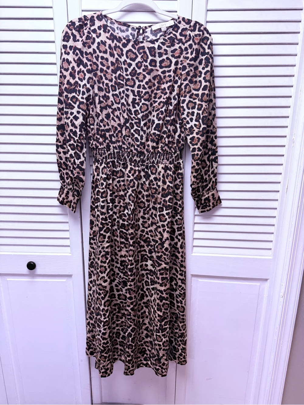 LOFT Petite Leopard Print Midi Dress SP | NWOT | Long Sleeve Smocked Waist